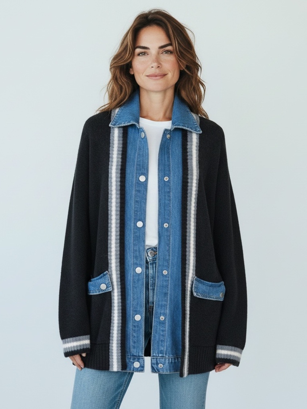 NVLT Layered Black Cardigan with Denim Button Down attached